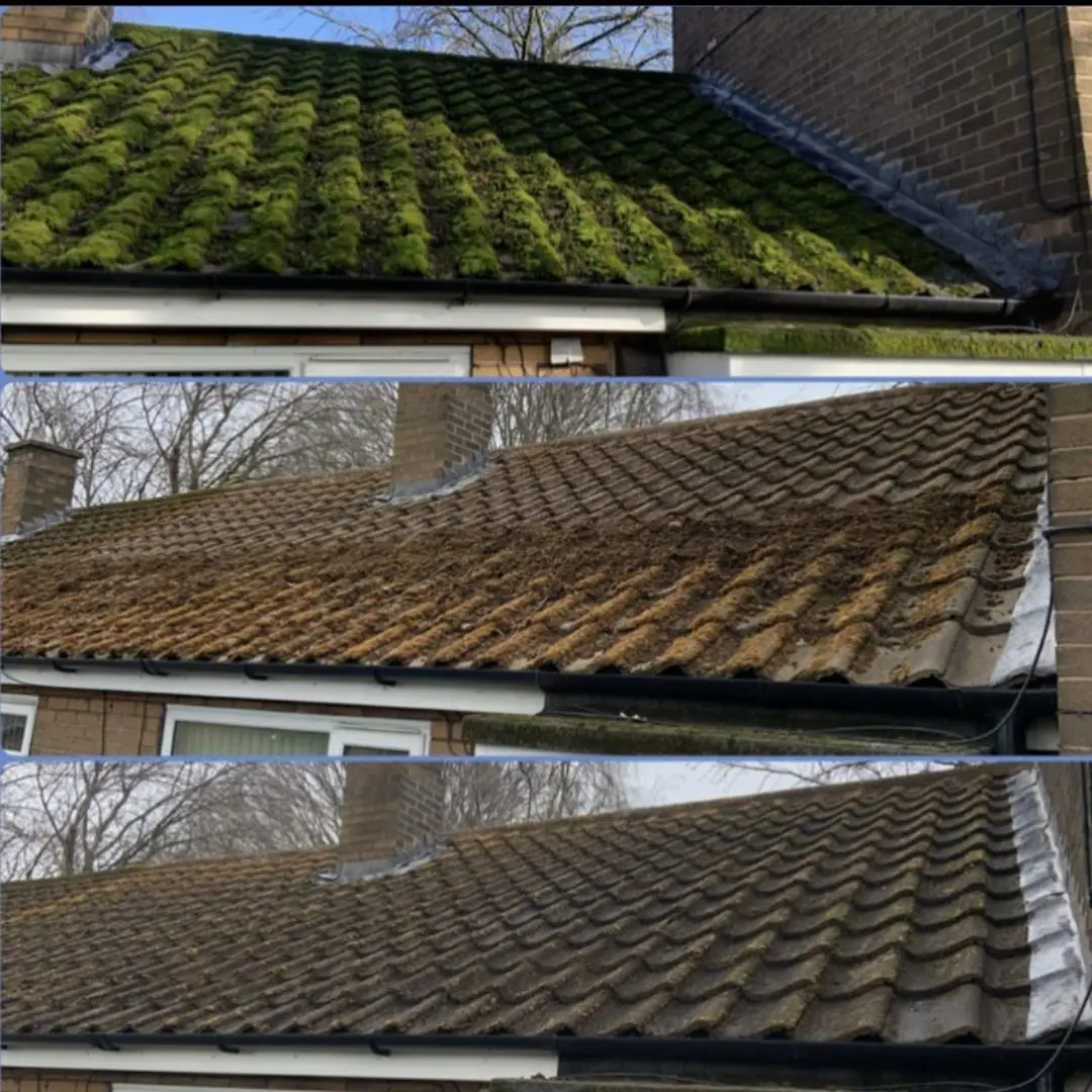 A before and after shot of a roof that is covered in Moss. Roof Cleaning Rotherham